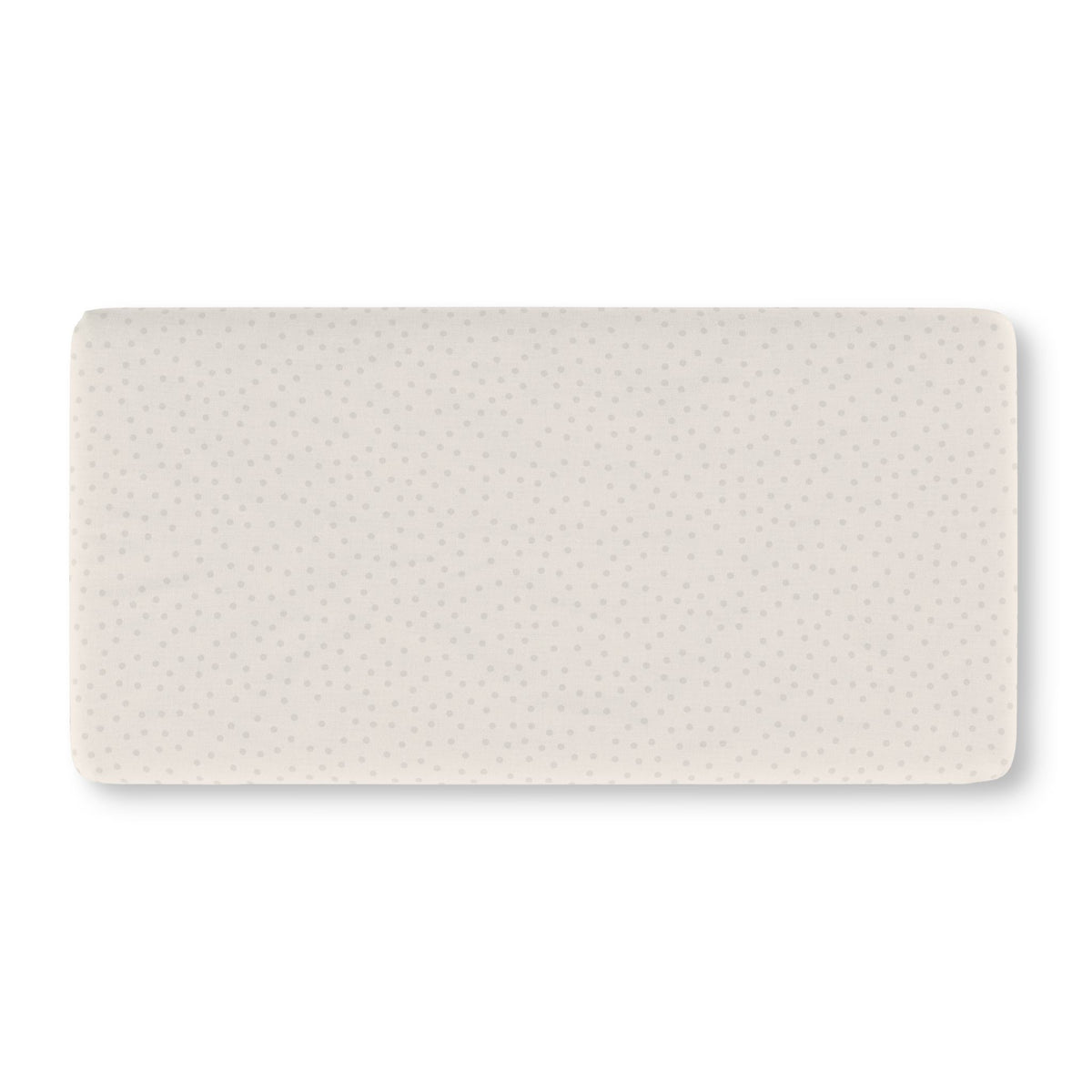 Cream Polka Dot Crib Sheet laid flat in Standard size with small gray dots on cream