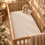 Cream Polka Dot Crib Sheet on a wooden crib mattress in a neutral nursery