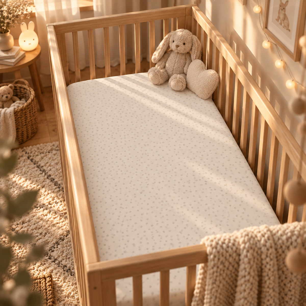 Cream Polka Dot Crib Sheet on a wooden crib mattress in a neutral nursery