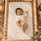 Smiling baby lying on the Cream Polka Dot Crib Sheet