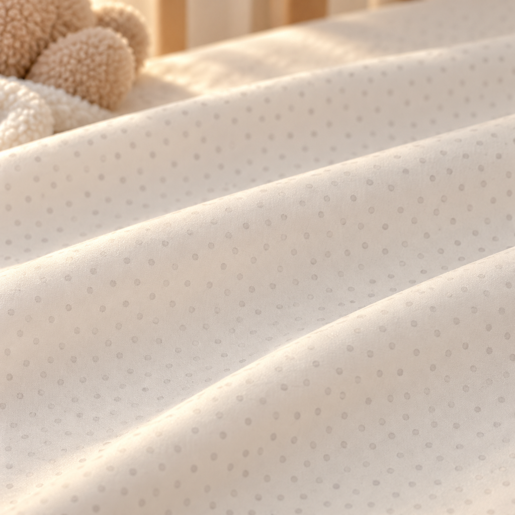 Close-up of the Cream Polka Dot Crib Sheet fabric showing small gray dots on cream
