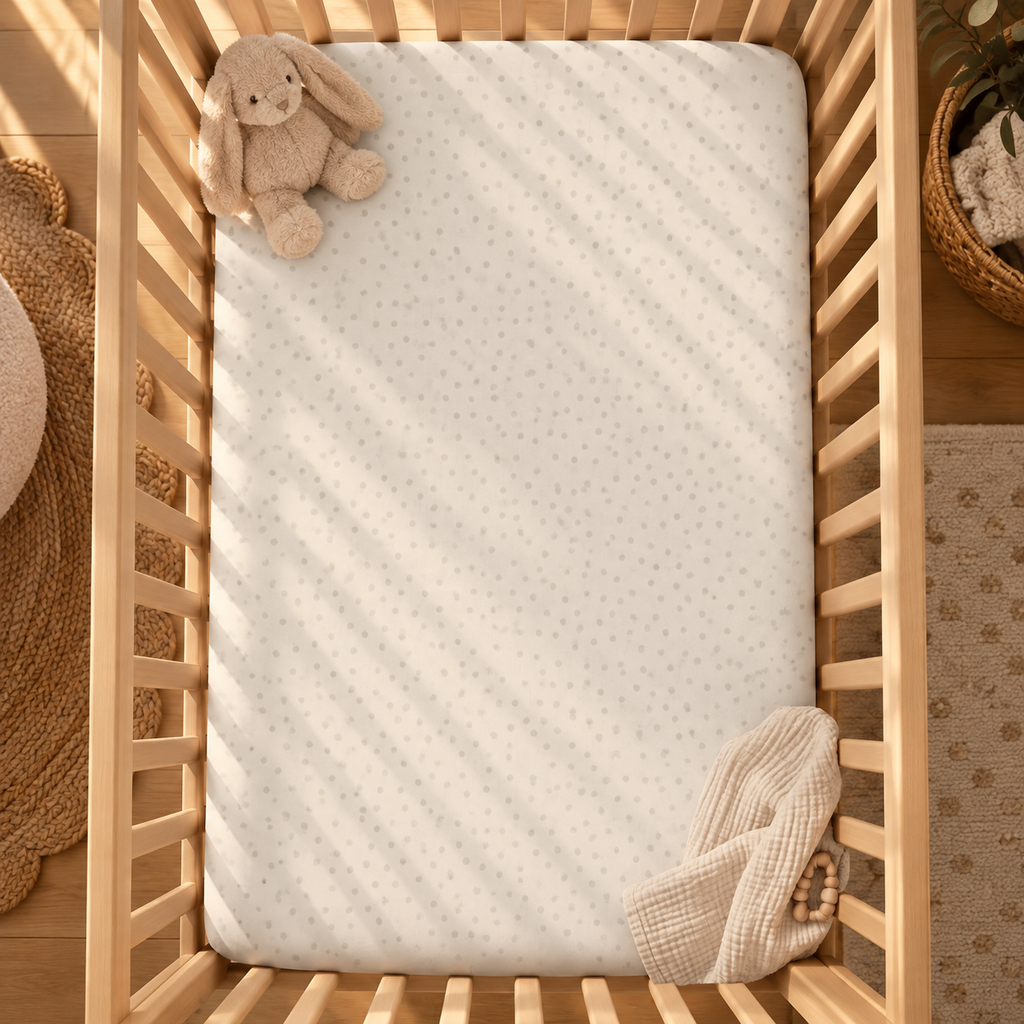 Cream Polka Dot Crib Sheet seen from above in a wooden crib