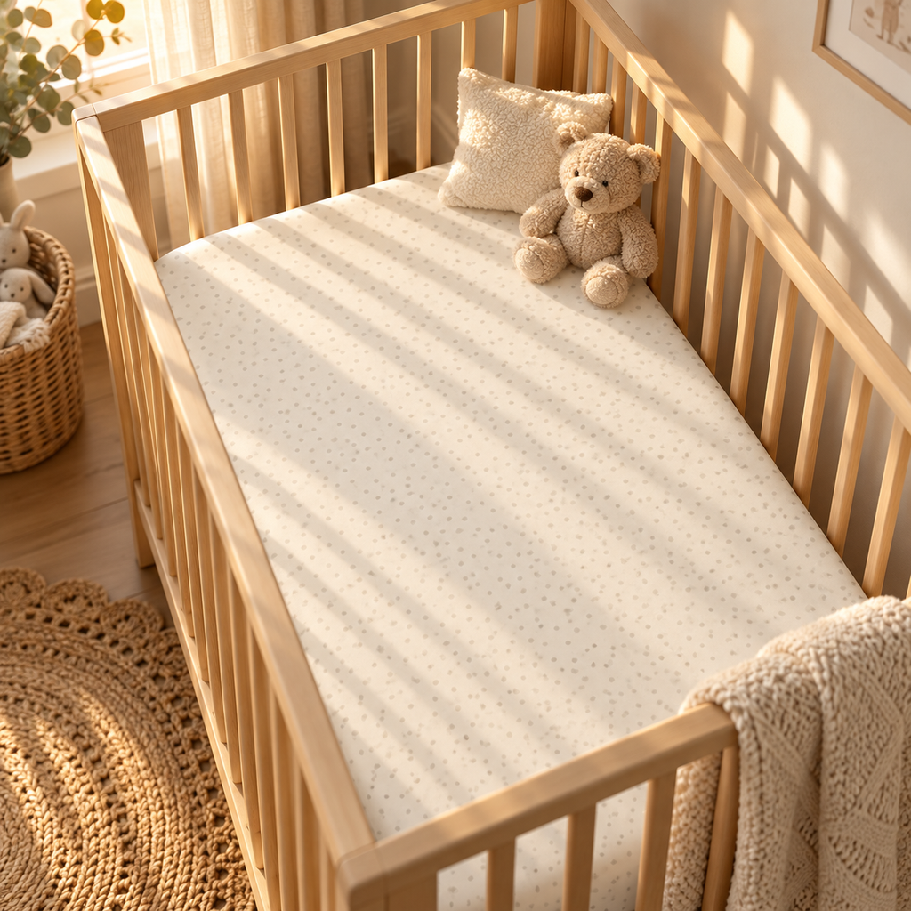 Cream Polka Dot Crib Sheet fitted in a wooden crib with a plush toy