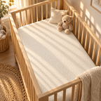 Cream Polka Dot Crib Sheet fitted in a wooden crib with a plush toy