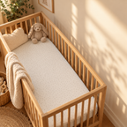 Cream Polka Dot Crib Sheet in a wooden crib in a sunlit nursery