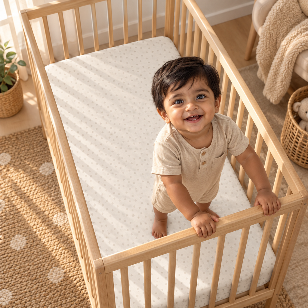 Toddler standing in a crib fitted with the Cream Polka Dot Crib Sheet