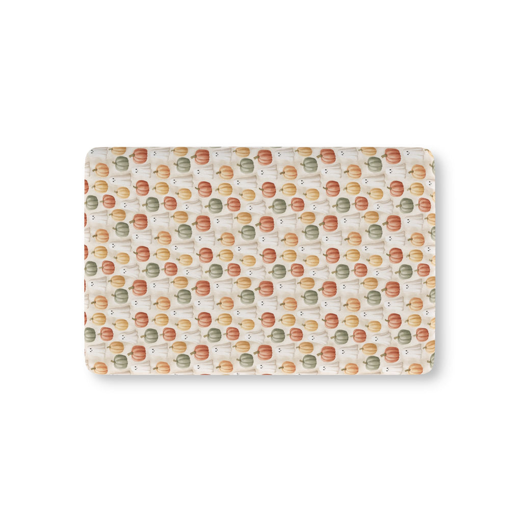 Cream Pumpkin Ghost Crib Sheet laid flat in Mini size with watercolor pumpkins and little ghosts on cream