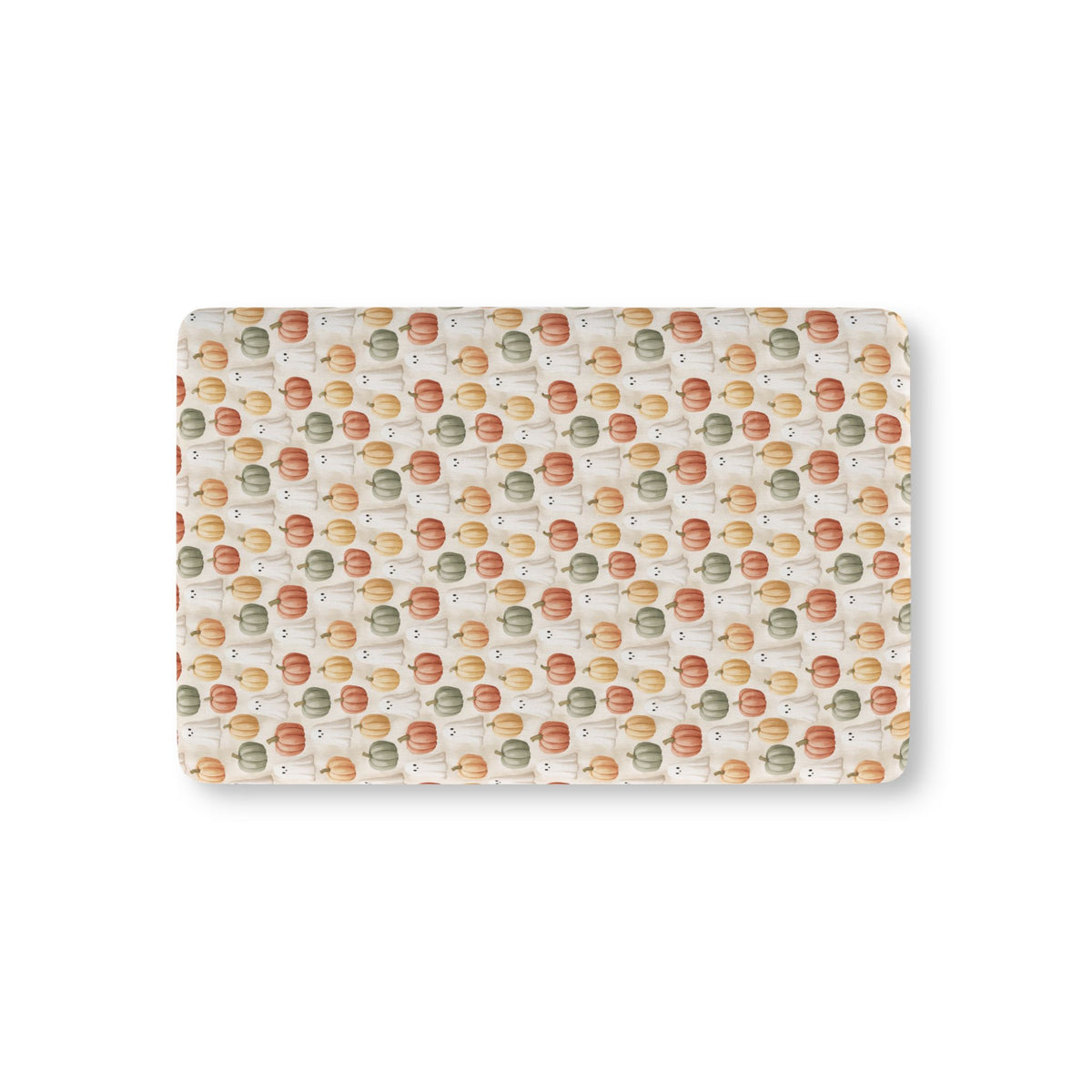Cream Pumpkin Ghost Crib Sheet laid flat in Mini size with watercolor pumpkins and little ghosts on cream