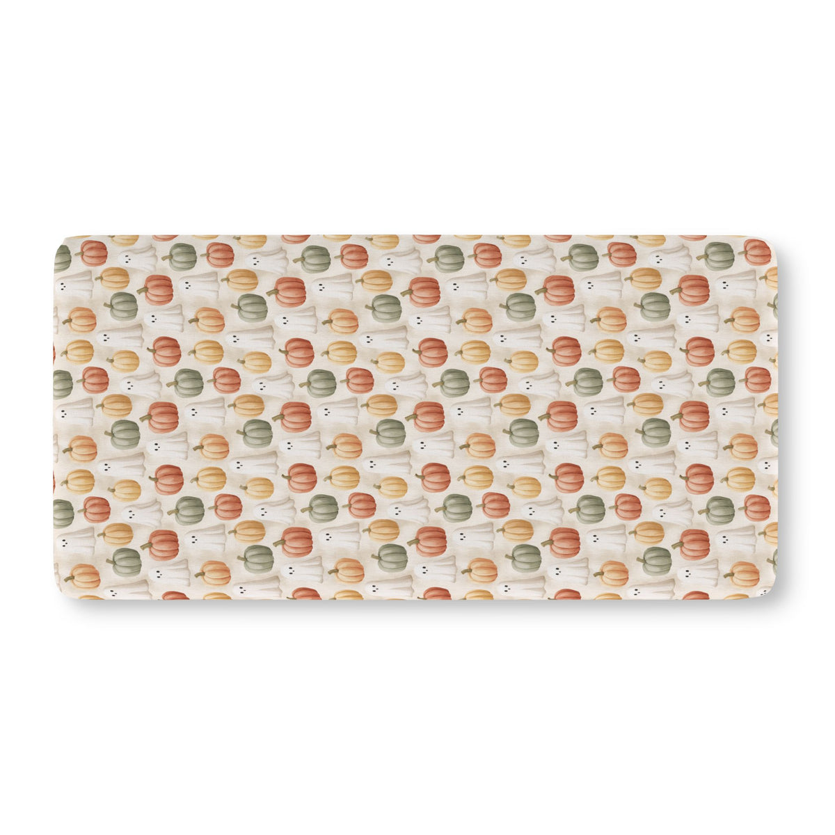 Cream Pumpkin Ghost Crib Sheet laid flat in Standard size with watercolor pumpkins and little ghosts on cream