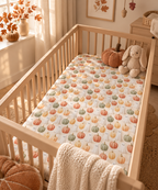 Cream Pumpkin Ghost Crib Sheet on a wooden crib mattress in a fall nursery