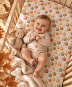 Smiling baby lying on the Cream Pumpkin Ghost Crib Sheet
