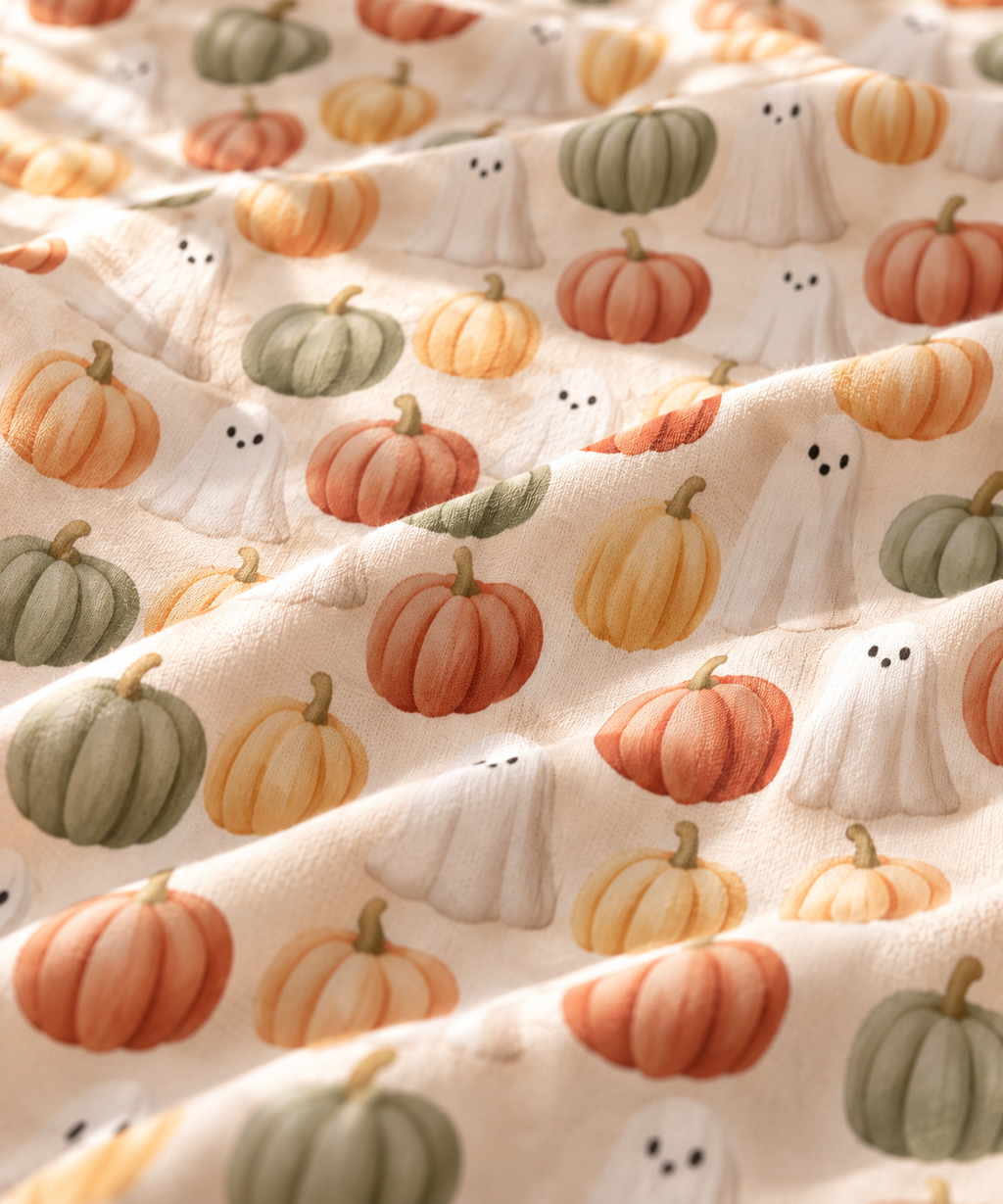 Close-up of the Cream Pumpkin Ghost Crib Sheet fabric showing watercolor pumpkins and little ghosts on cream