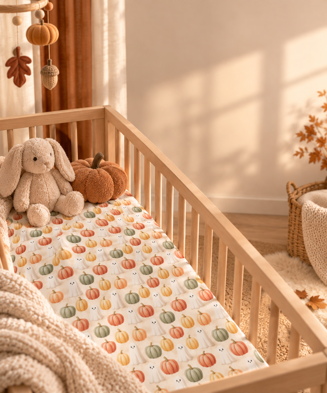 Cream Pumpkin Ghost Crib Sheet in a wooden crib in a sunlit nursery