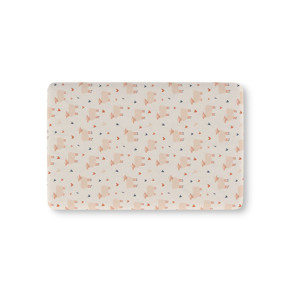Cream Sheep Heart Crib Sheet laid flat in Mini size with cream sheep and little hearts on cream