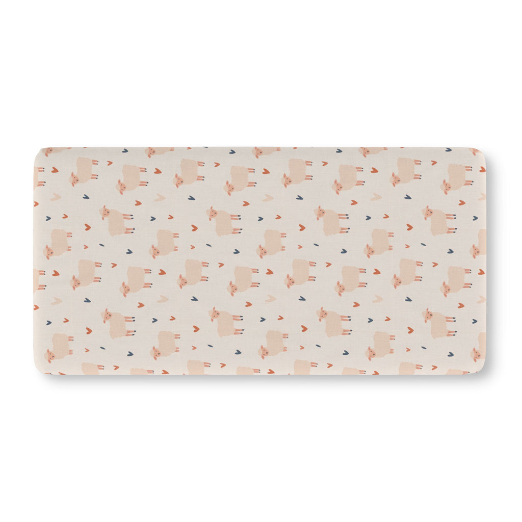 Cream Sheep Heart Crib Sheet laid flat in Standard size with cream sheep and little hearts on cream
