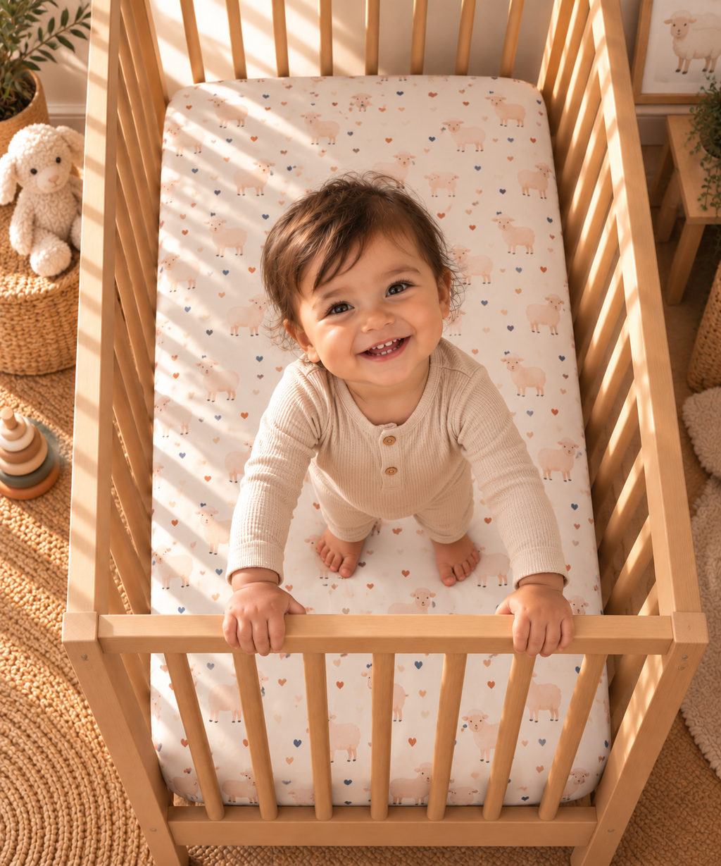 Toddler standing in a crib fitted with the Cream Sheep Heart Crib Sheet