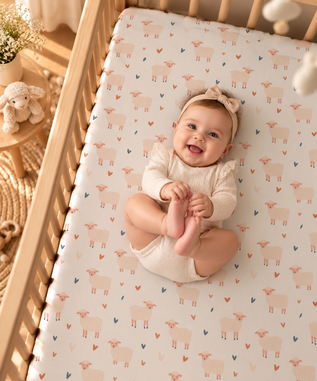 Smiling baby lying on the Cream Sheep Heart Crib Sheet
