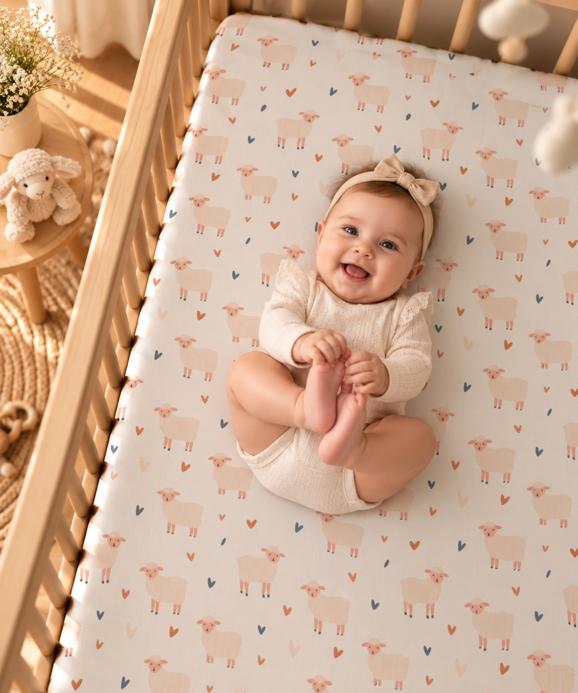Smiling baby lying on the Cream Sheep Heart Crib Sheet