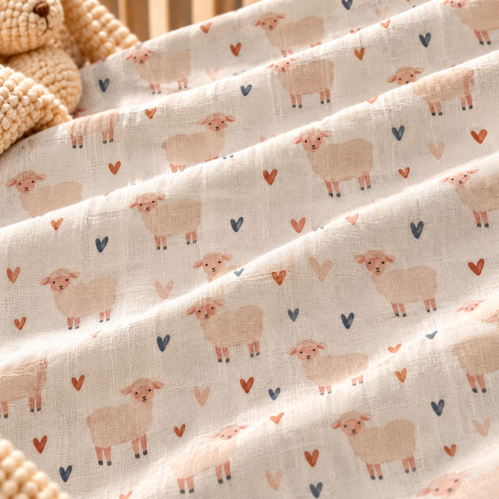 Close-up of the Cream Sheep Heart Crib Sheet fabric showing cream sheep and little hearts on cream