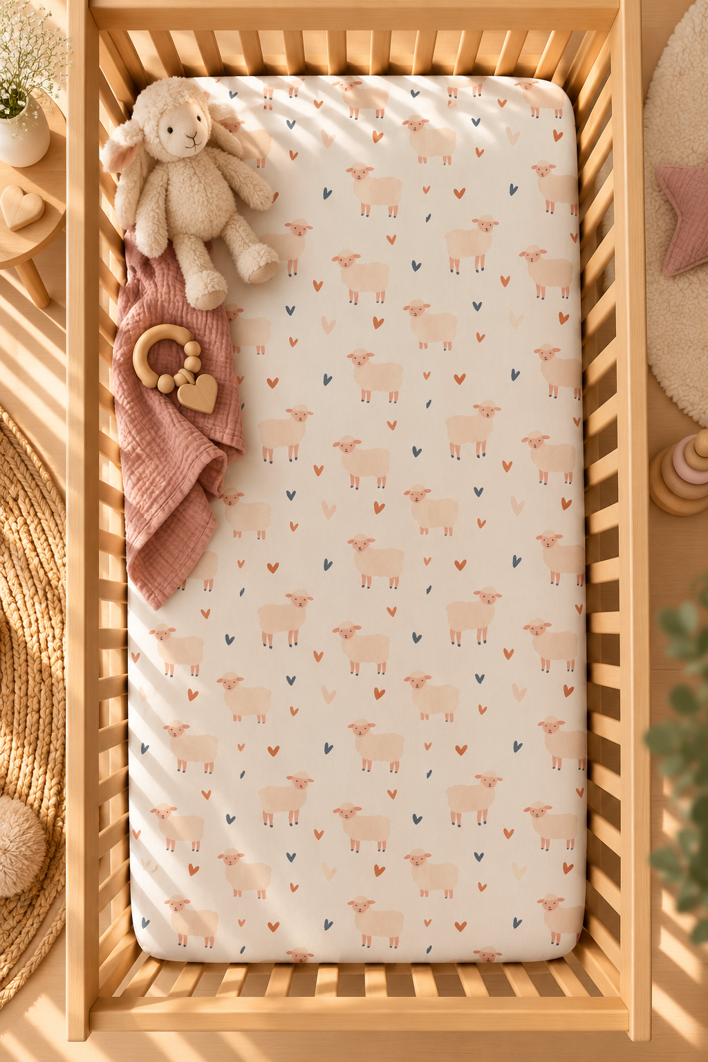 Cream Sheep Heart Crib Sheet seen from above in a wooden crib
