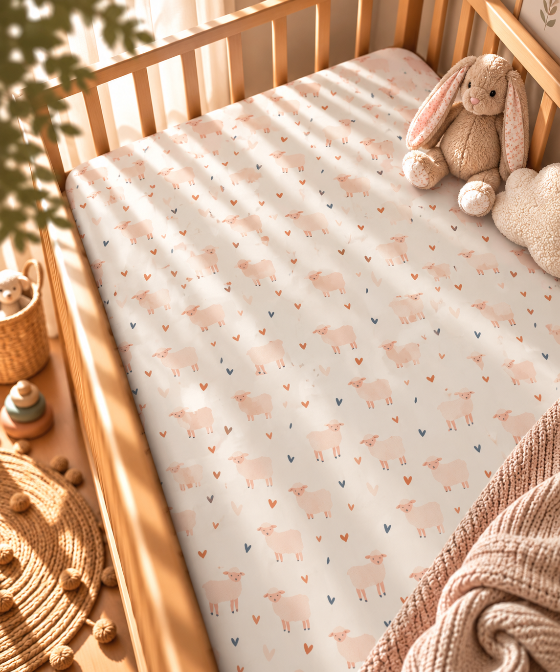 Cream Sheep Heart Crib Sheet fitted in a wooden crib with a plush toy