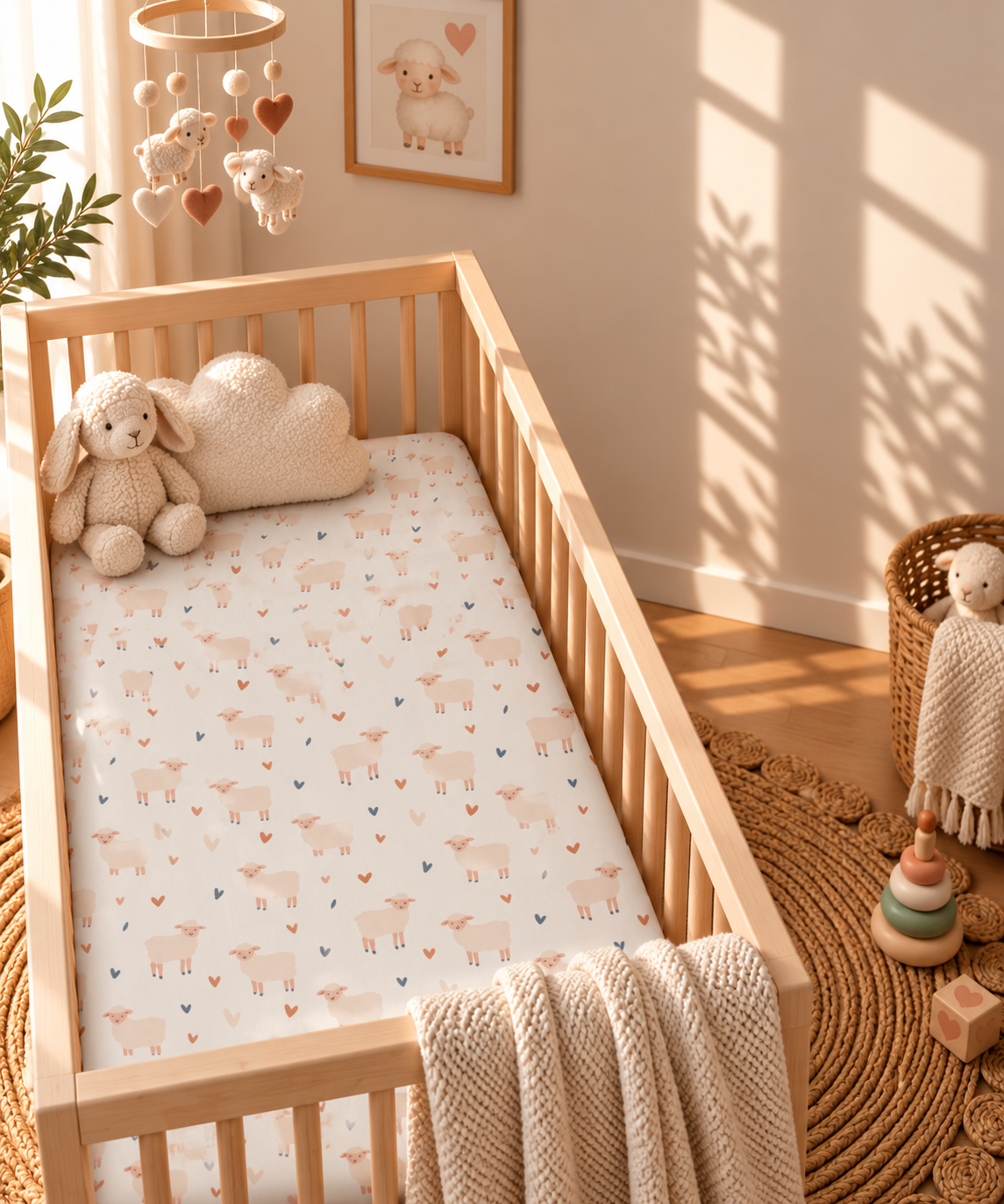 Cream Sheep Heart Crib Sheet in a wooden crib in a sunlit nursery