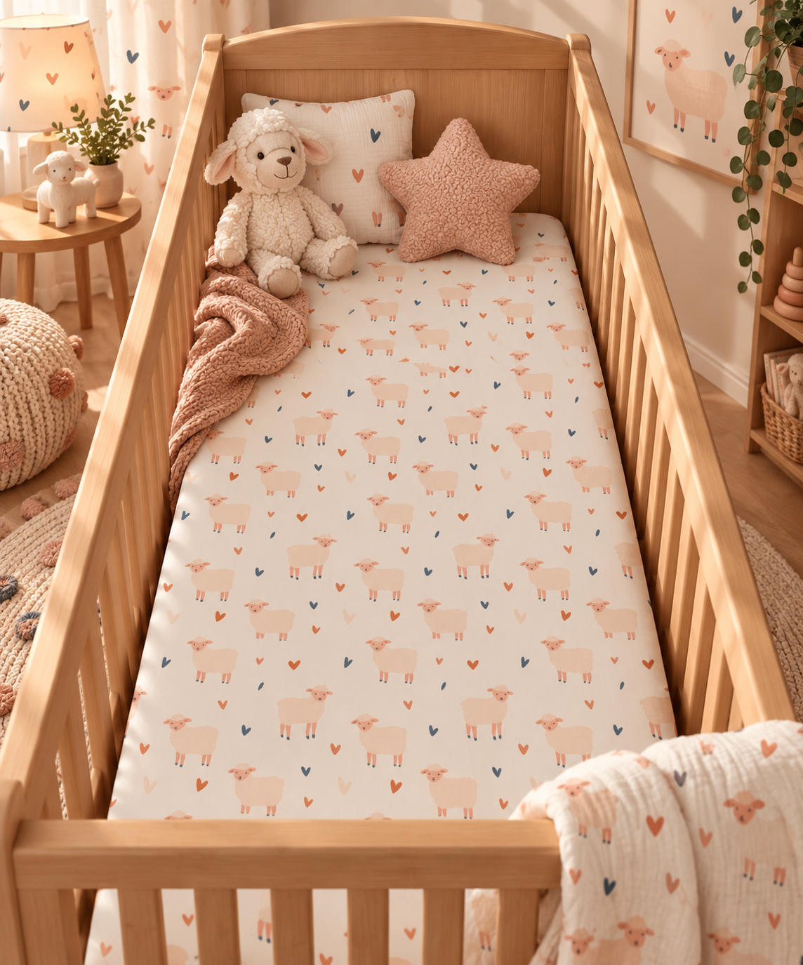 Cream Sheep Heart Crib Sheet on a wooden crib mattress in a farm nursery