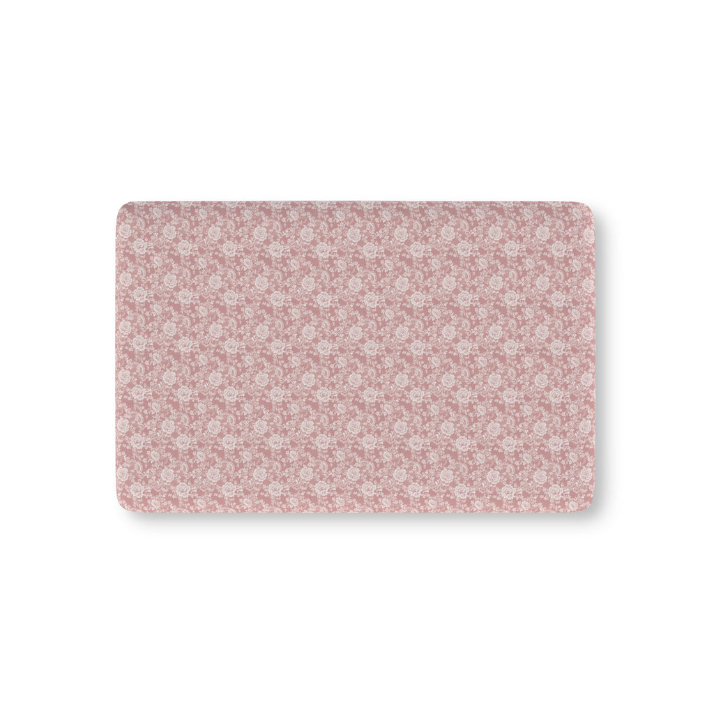 Dusty Rose Lace Floral Crib Sheet laid flat in Mini size with white lace style roses on dusty rose