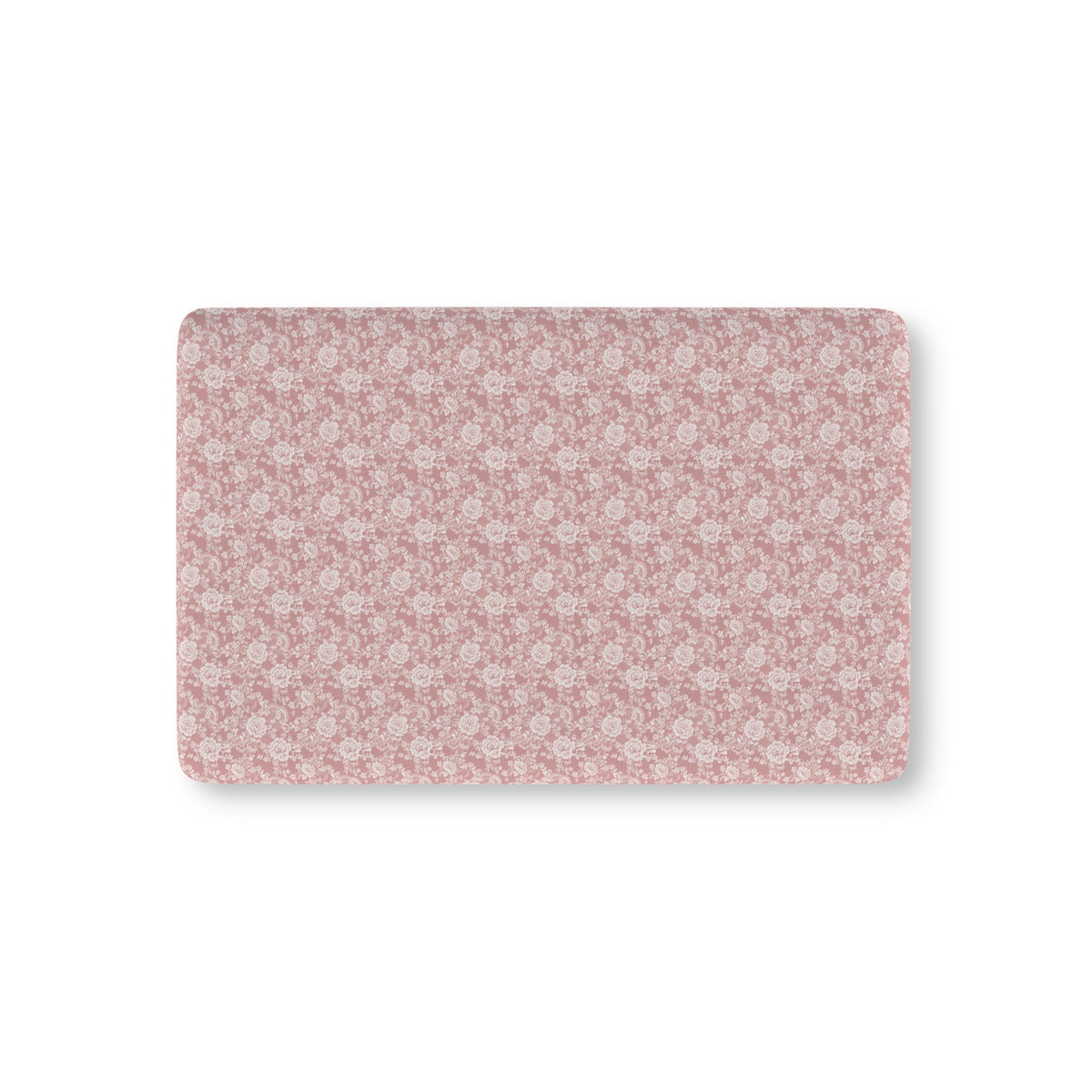 Dusty Rose Lace Floral Crib Sheet laid flat in Mini size with white lace style roses on dusty rose