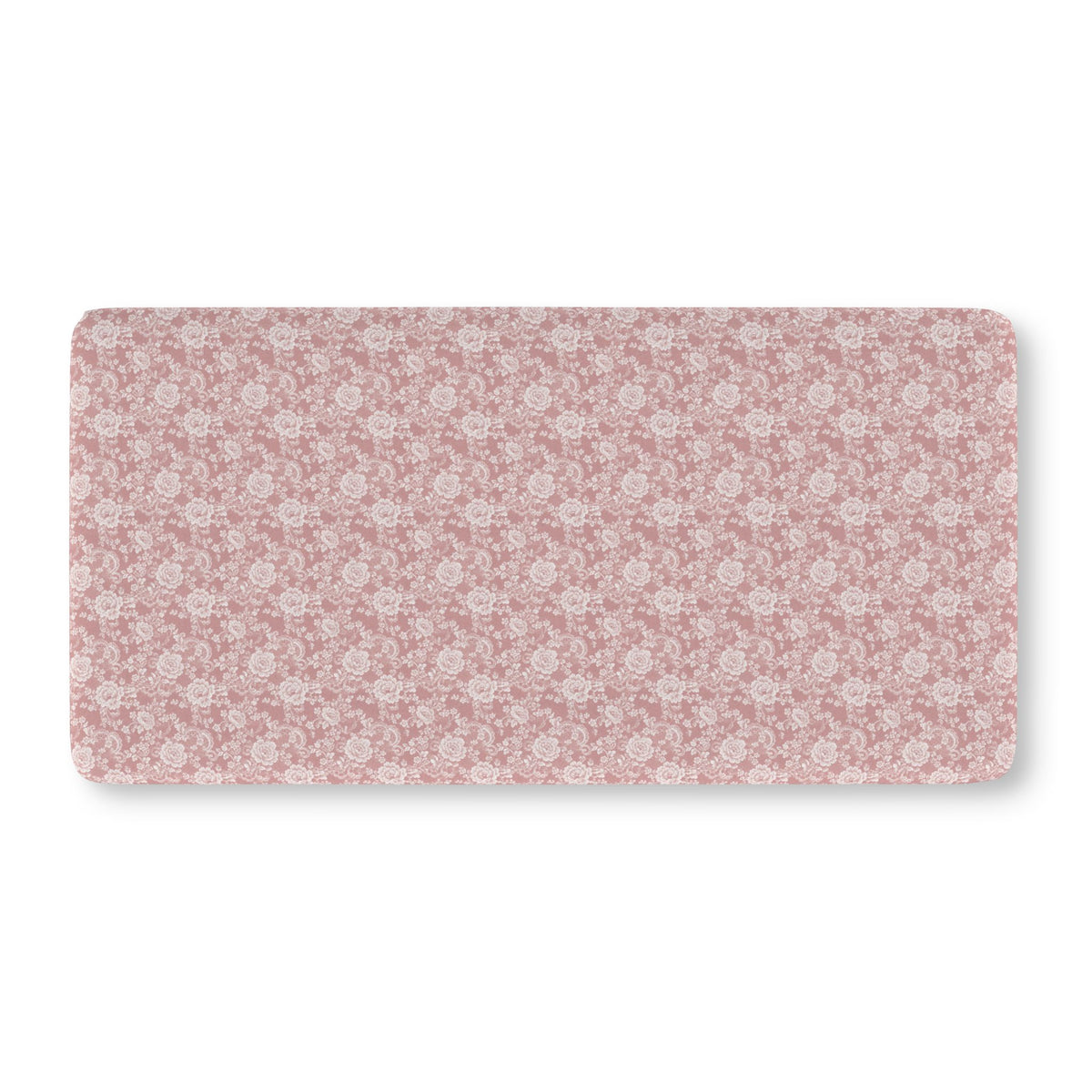 Dusty Rose Lace Floral Crib Sheet laid flat in Standard size with white lace style roses on dusty rose