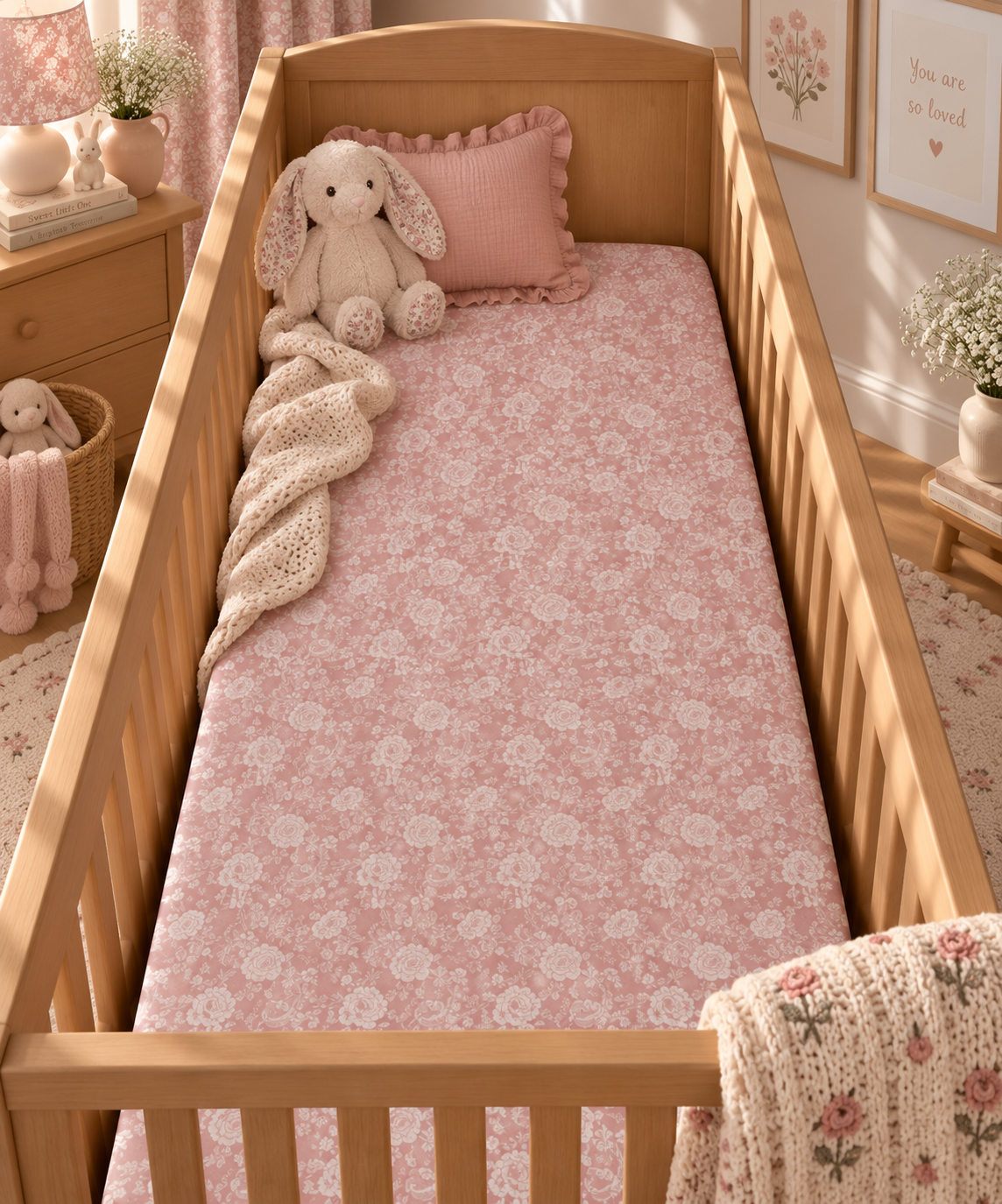 Dusty Rose Lace Floral Crib Sheet on a wooden crib mattress in a baby girl nursery