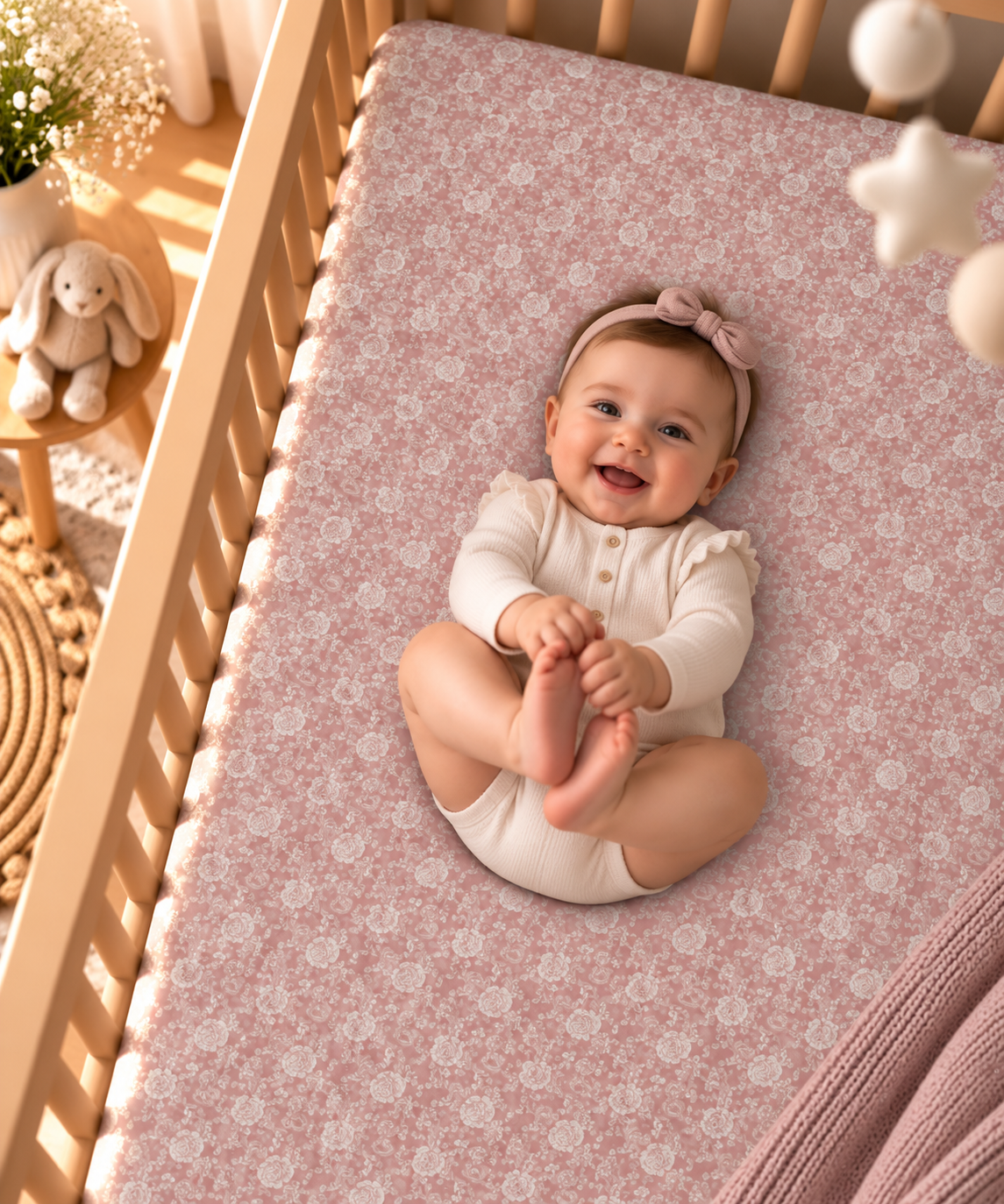 Smiling baby lying on the Dusty Rose Lace Floral Crib Sheet