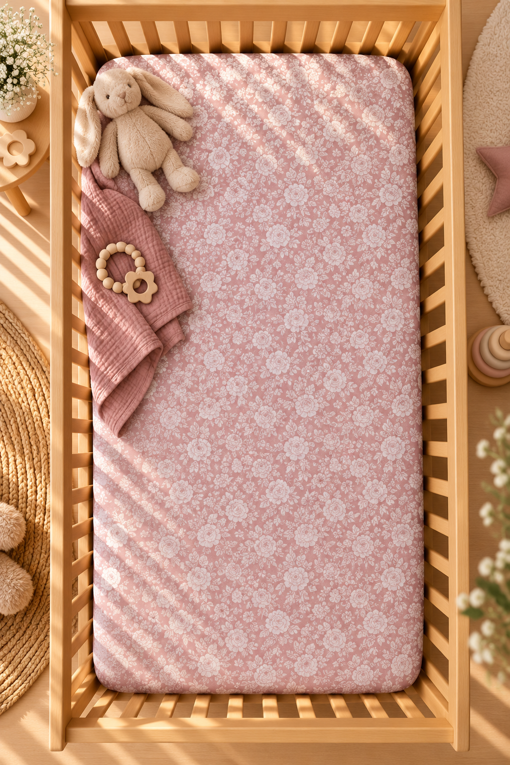 Dusty Rose Lace Floral Crib Sheet seen from above in a wooden crib