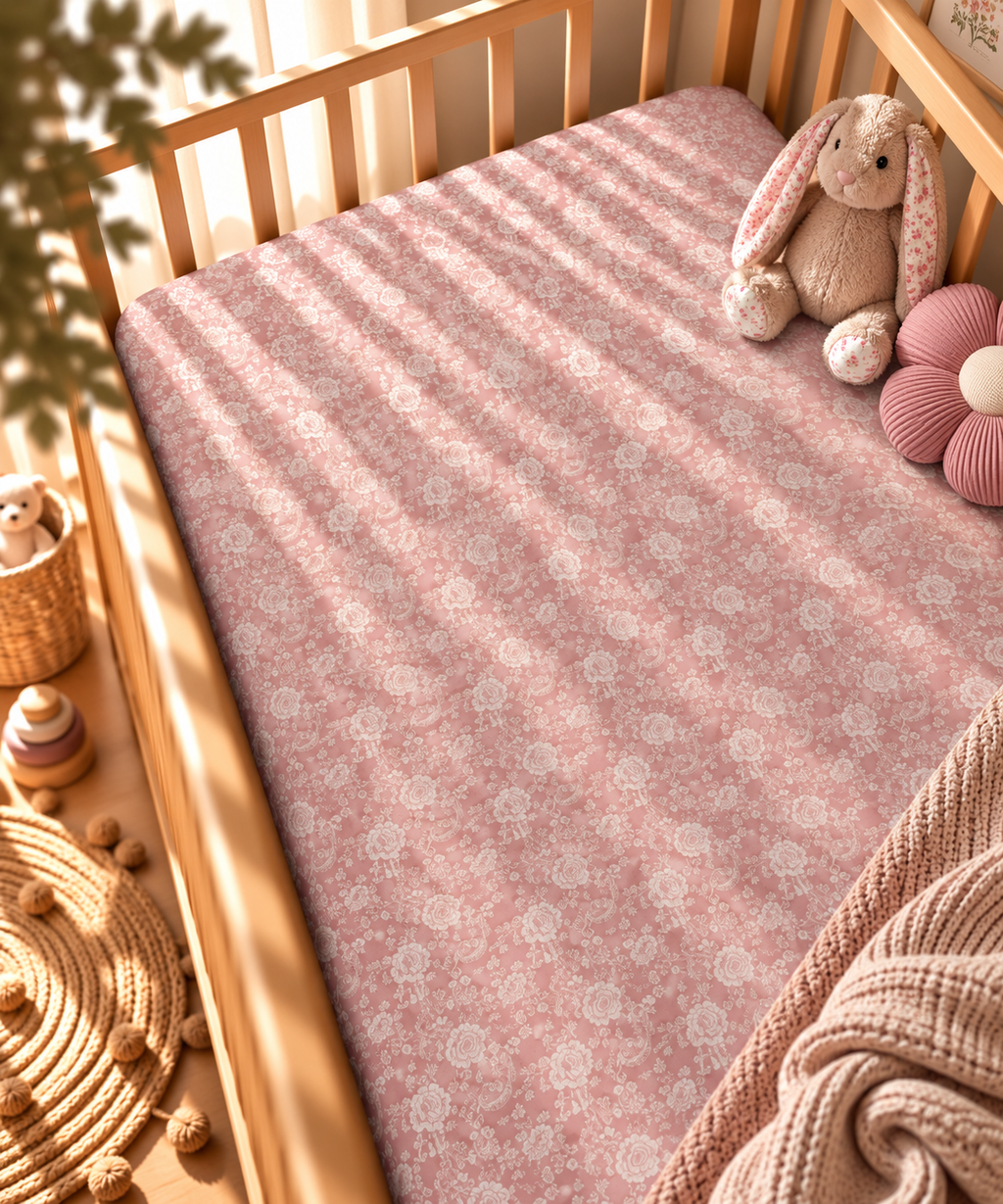 Dusty Rose Lace Floral Crib Sheet fitted in a wooden crib with a plush toy