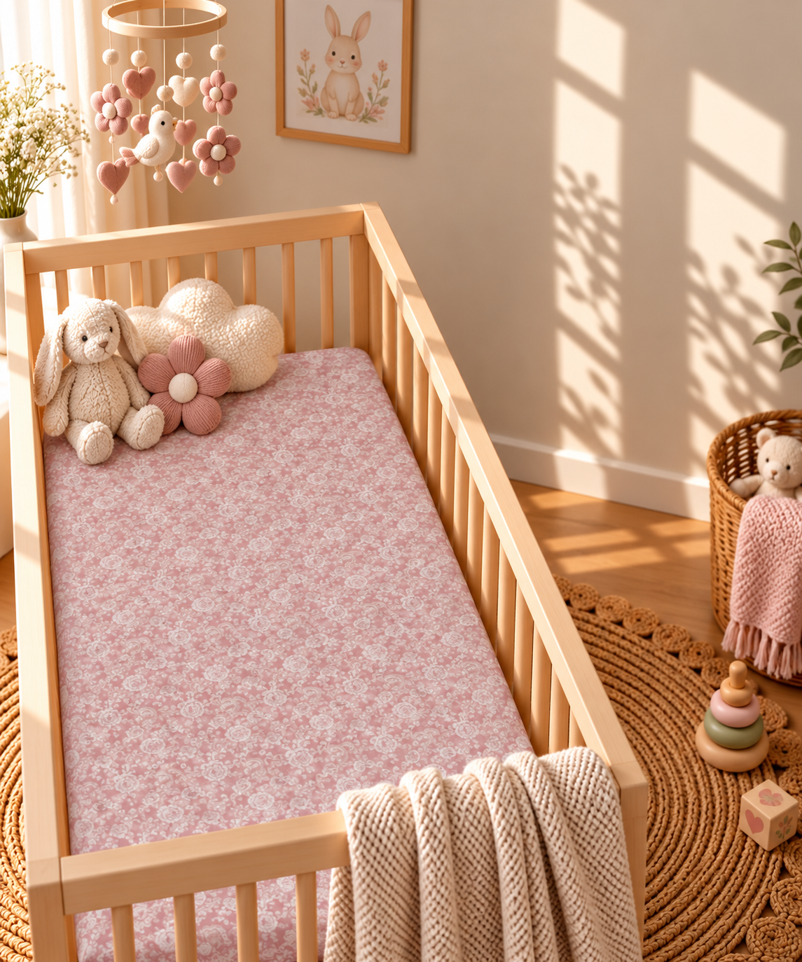 Dusty Rose Lace Floral Crib Sheet in a wooden crib in a sunlit nursery