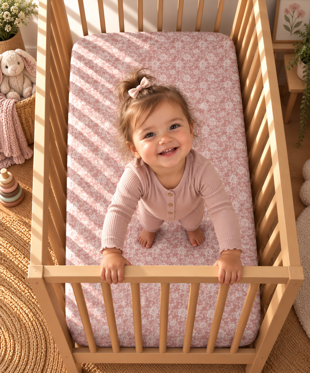 Toddler standing in a crib fitted with the Dusty Rose Lace Floral Crib Sheet