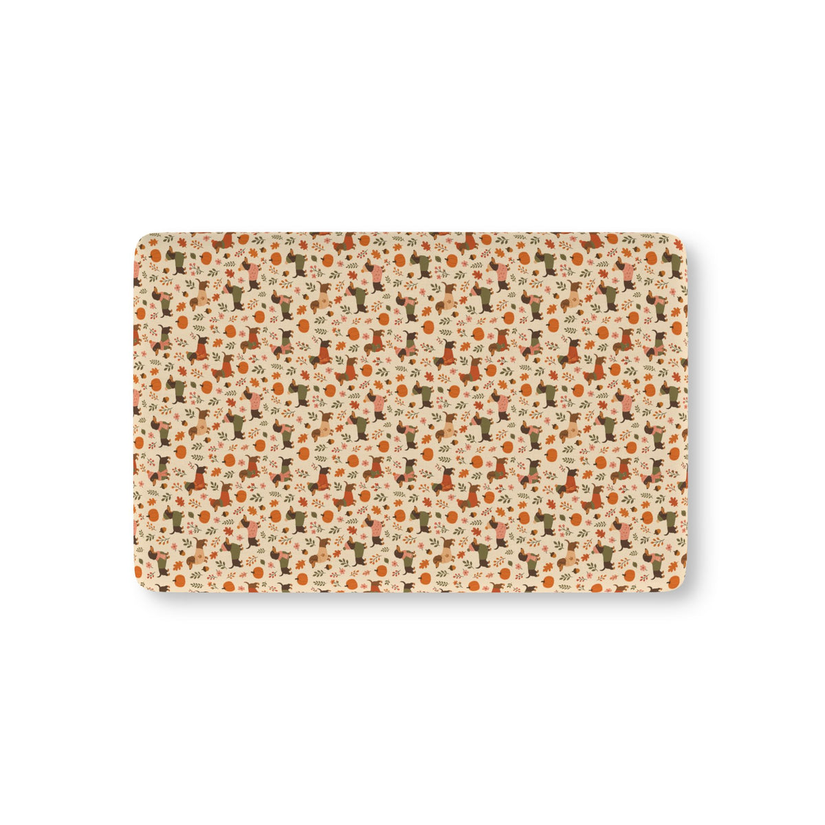 Fall Dachshund Crib Sheet laid flat in Mini size with dachshunds in sweaters, pumpkins and leaves on cream