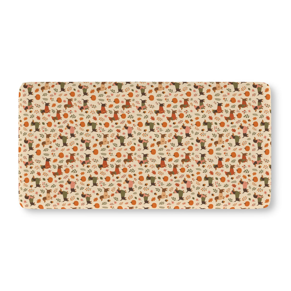 Fall Dachshund Crib Sheet laid flat in Standard size with dachshunds in sweaters, pumpkins and leaves on cream