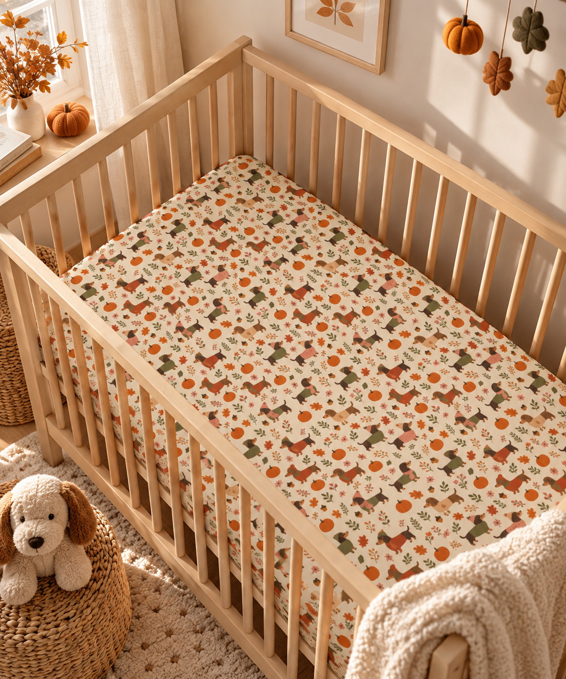 Fall Dachshund Crib Sheet on a wooden crib mattress in a fall nursery