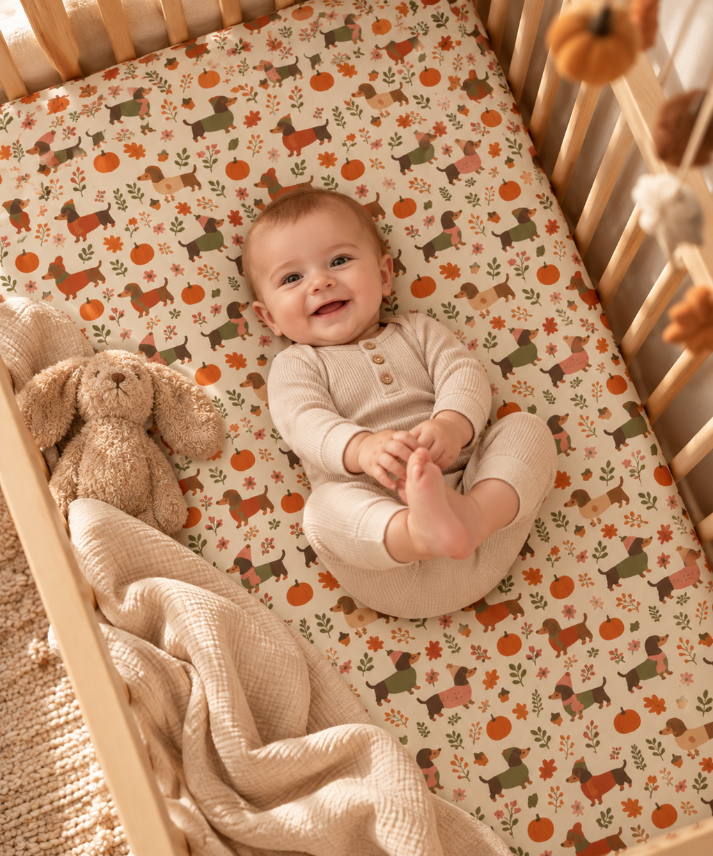 Smiling baby lying on the Fall Dachshund Crib Sheet