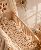 Fall Dachshund Crib Sheet in a wooden crib in a sunlit nursery