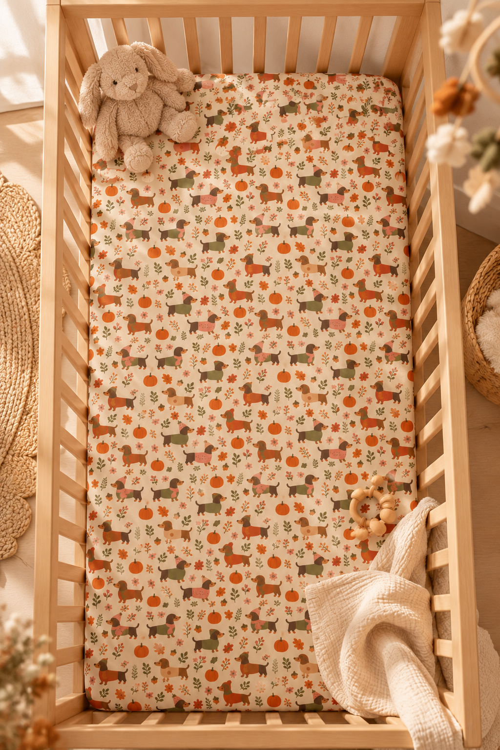 Fall Dachshund Crib Sheet seen from above in a wooden crib