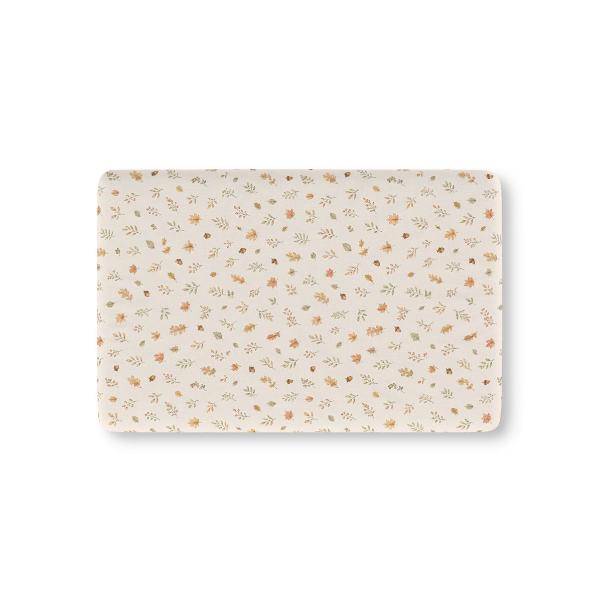 Fall Leaves Crib Sheet laid flat in Mini size with watercolor autumn leaves, sprigs and acorns on cream