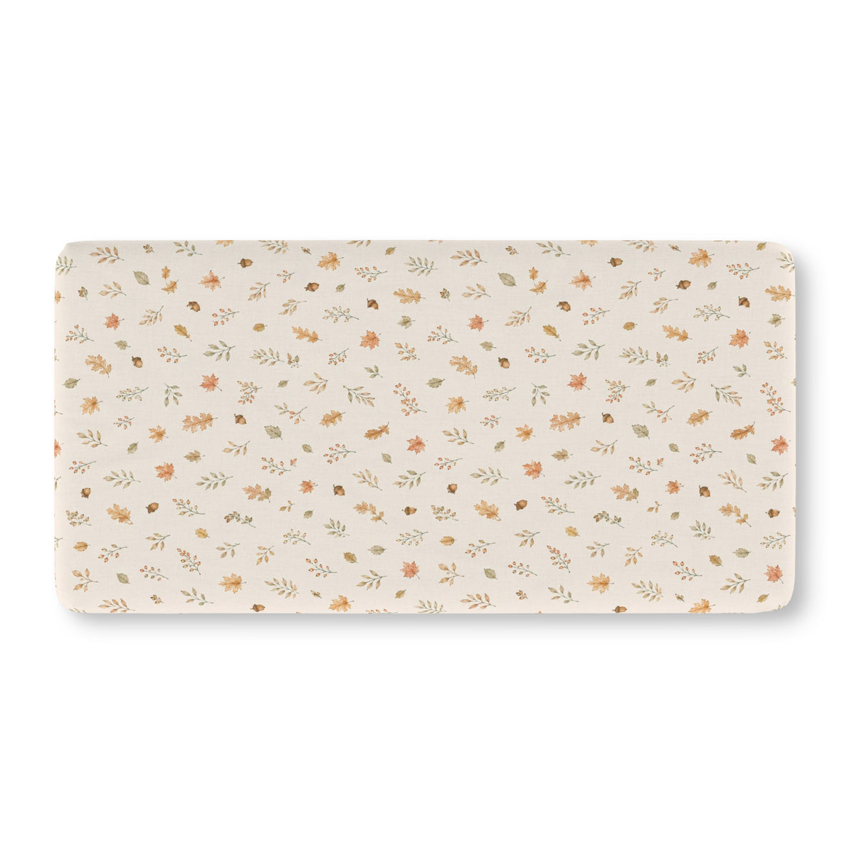 Fall Leaves Crib Sheet laid flat in Standard size with watercolor autumn leaves, sprigs and acorns on cream