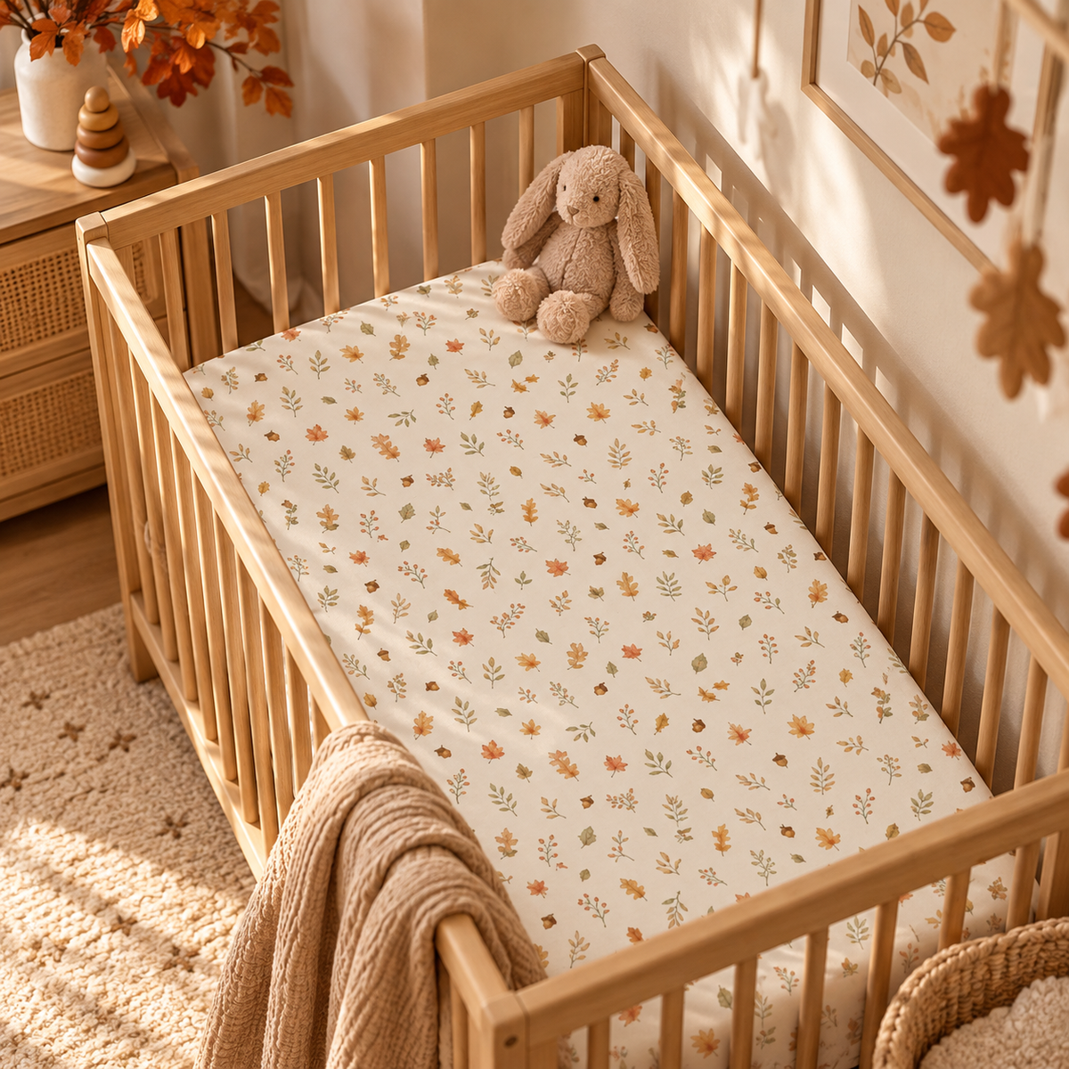 Fall Leaves Crib Sheet on a wooden crib mattress in a fall nursery