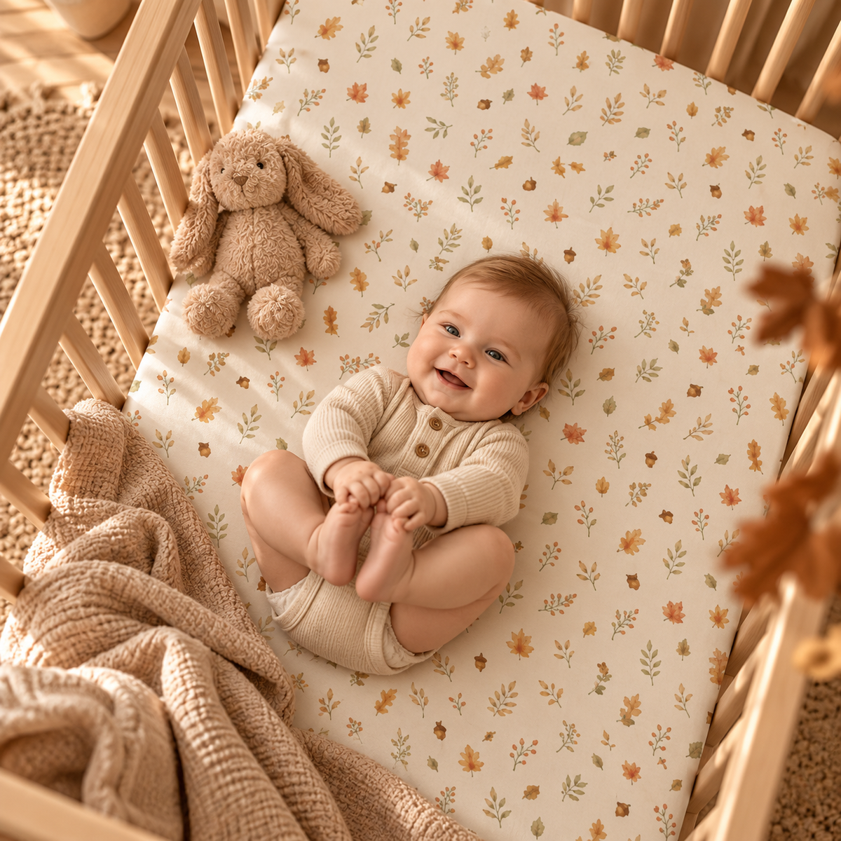 Smiling baby lying on the Fall Leaves Crib Sheet