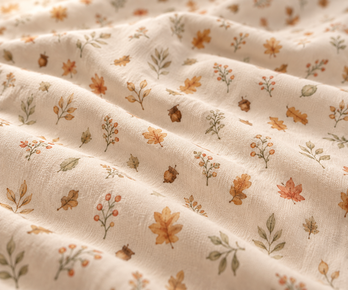 Close-up of the Fall Leaves Crib Sheet fabric showing watercolor autumn leaves, sprigs and acorns on cream