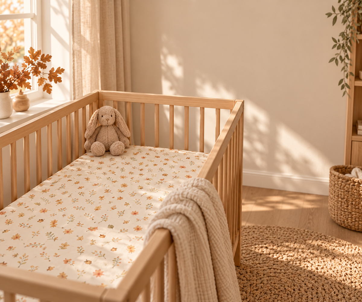 Fall Leaves Crib Sheet in a wooden crib in a sunlit nursery
