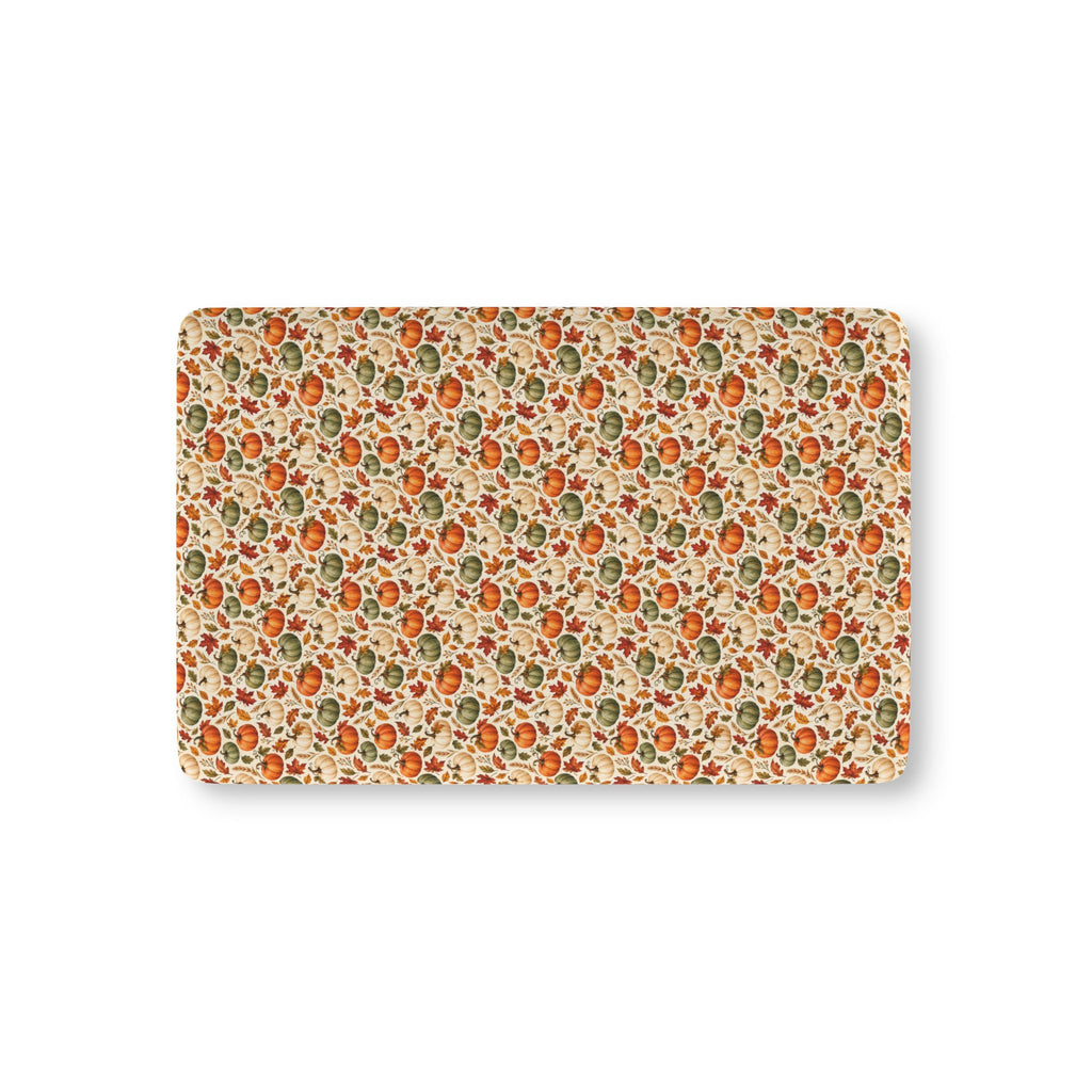 Fall Pumpkin Crib Sheet laid flat in Mini size with pumpkins and autumn leaves on cream