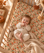 Smiling baby lying on the Fall Pumpkin Crib Sheet